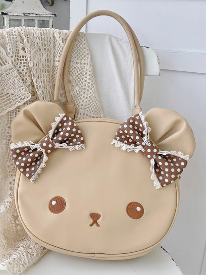 Brown Polka-dot Pattern Bowknot Details Bear Tote Bag