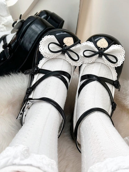 Buckle Ankle Strap Black Sweet Knotted Bow Accent Platforms