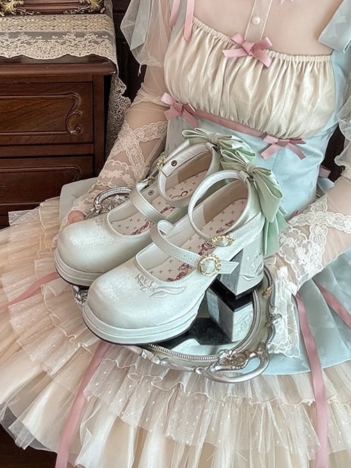 Green Satin Detachable Bowknot Lily of the Valley Embroidery Middle Heels Mary Janes