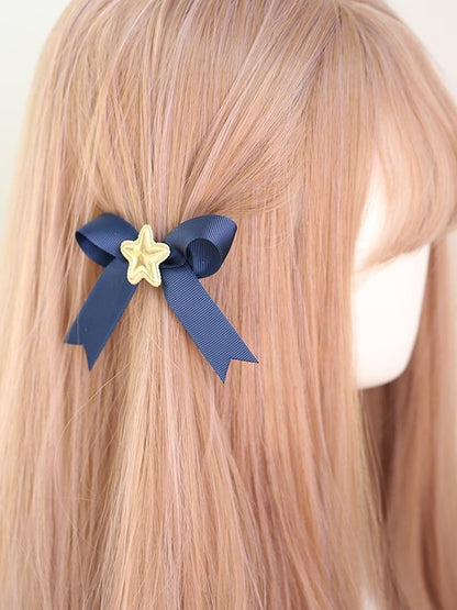 Two Options Available Cute Lolita Dark Blue Bowknot Hairclips with Golden Star Decorations