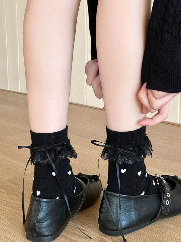 Black/White/Yellow/Gray Heart Print Bowknot Details Lace Ruffled Cuffs Calf Socks