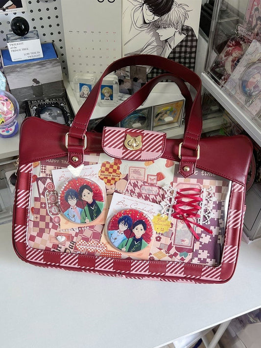 Plaid Pattern Large Capacity Wine Red Ita Tote Bag