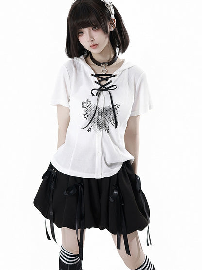 Black Elastic Waist Bubble Skirt with Bowknot Brooches