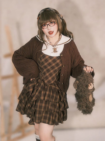 Plus Size Preppy Tiered Brown Plaid Dress with Sailor Collar & Detachable Roses