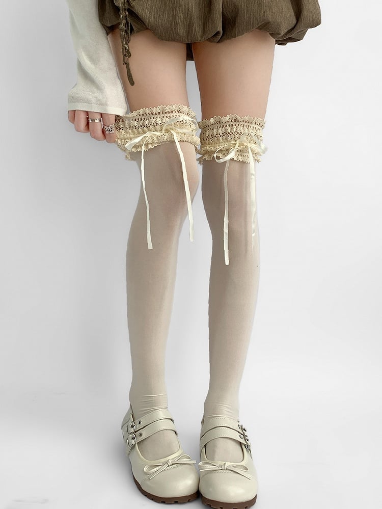 White Lace Trim Self-tie Strap Over-knee Stockings