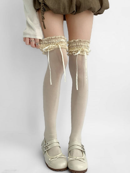 White Lace Trim Self-tie Strap Over-knee Stockings