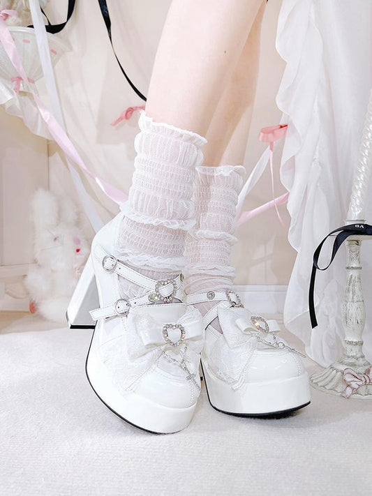 Bow at Top Polished White Crisscross Straps Jirai Kei Platforms Landmine Style High Heel Shoes