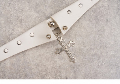 Cross Pendant White Studs Gothic PU Choker