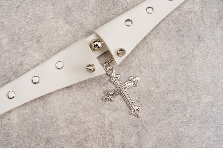 Cross Pendant White Studs Gothic PU Choker