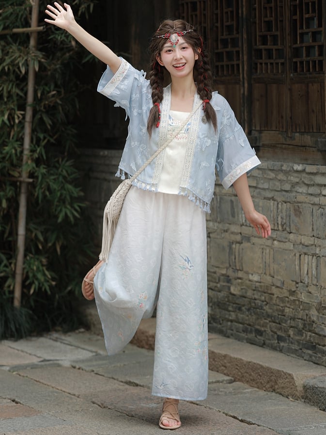 Butterfly Design Blue Floral Embroidery Long Sleeves Top Tassels Hem