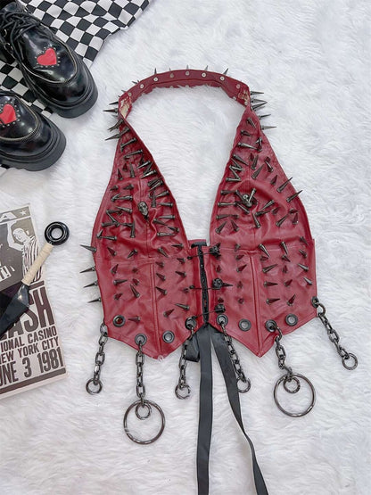 Red Y2K Studs And Skeleton Details Circular Ring Charm PU Halter Neck Top