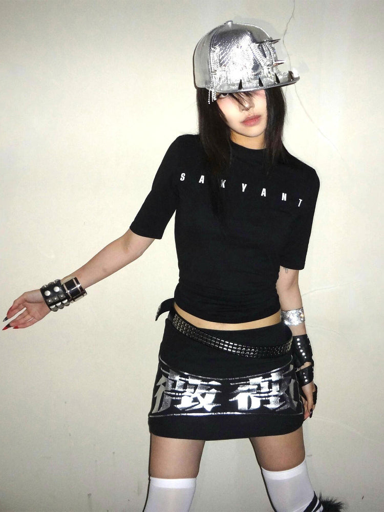 Black Slim-fitting T-Shirt with Letter Print