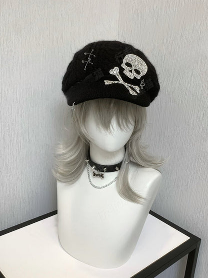 Black Skeleton Cross Knitted Beret