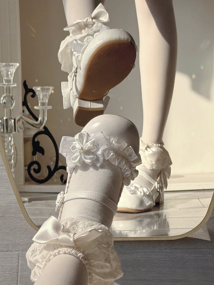Flower-Shaped Buckle & Bow Accents PU Creamy White Cherry Blossom Themed Low-heel Mary Janes in Sweet Lolita