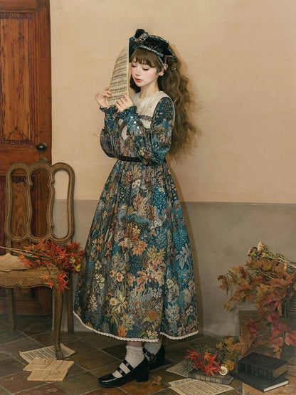 Green & Blue Floral Print Long-Sleeve Elegant Classic Lolita Dress with Waist Belt