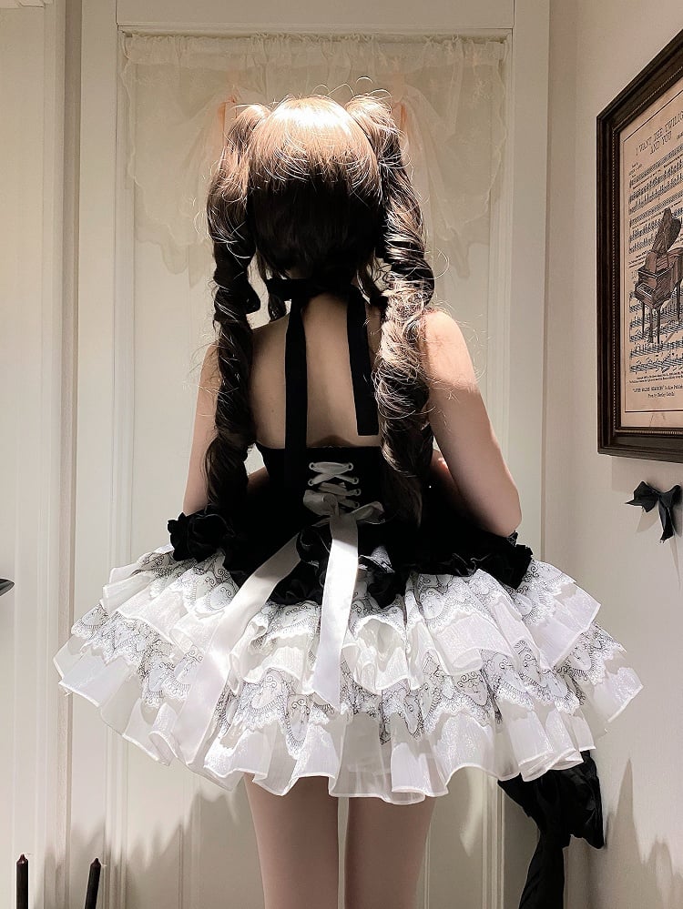 Black and White Balletcore Princess Lolita Halter Neck Dress