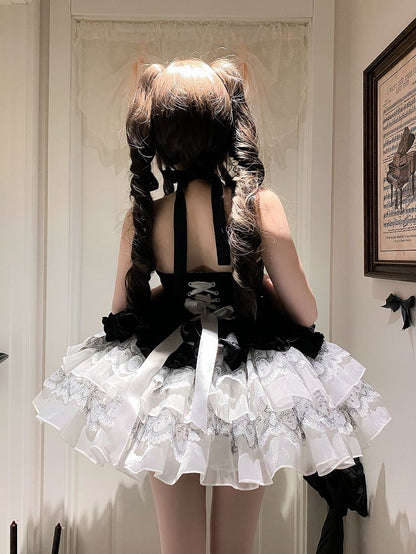Black and White Balletcore Princess Lolita Halter Neck Dress