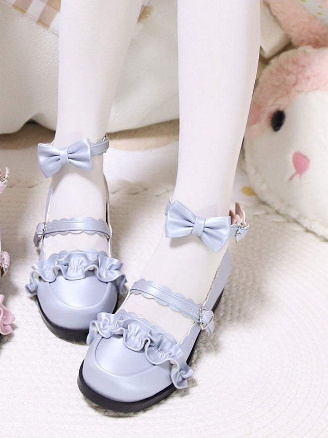 Blue Ruffles Trim Bowknot Decorated Heart Buckles Lolita Shoes