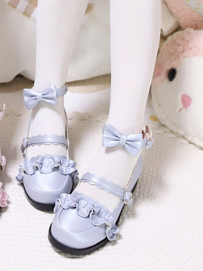 Blue Ruffles Trim Bowknot Decorated Heart Buckles Lolita Shoes