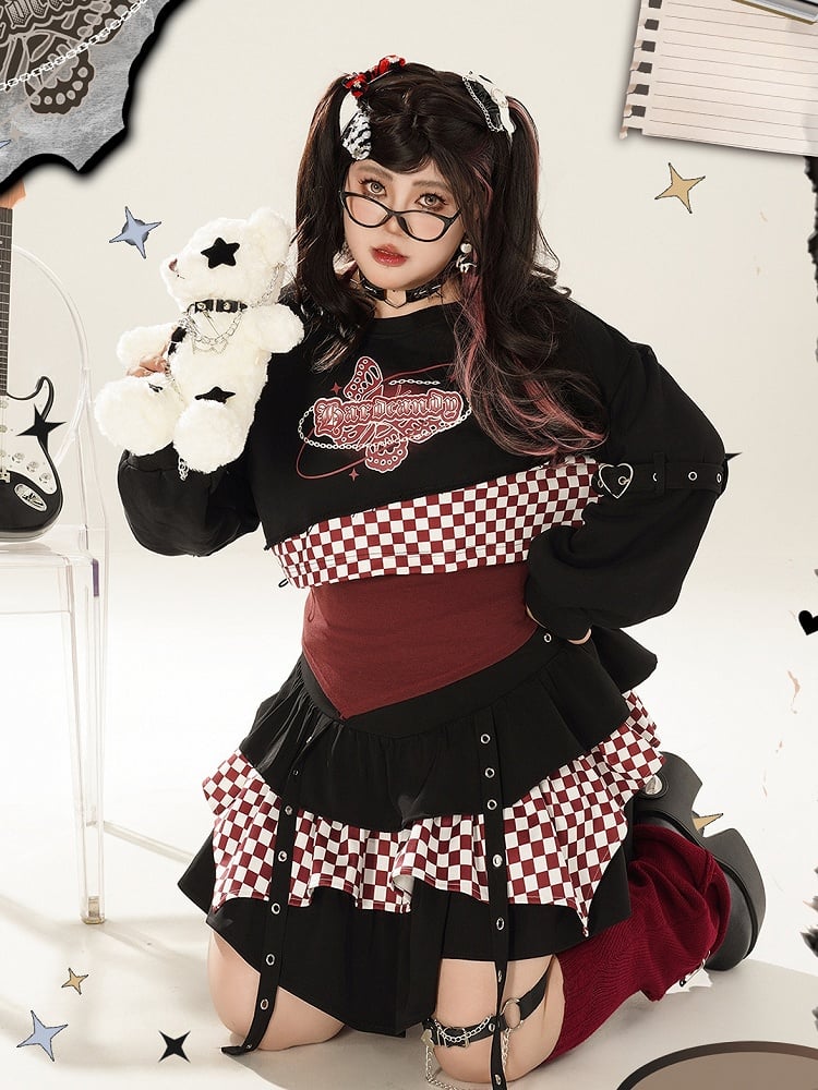Plus Size Straps Design Checked Pattern Black and Red Tiered Skirt