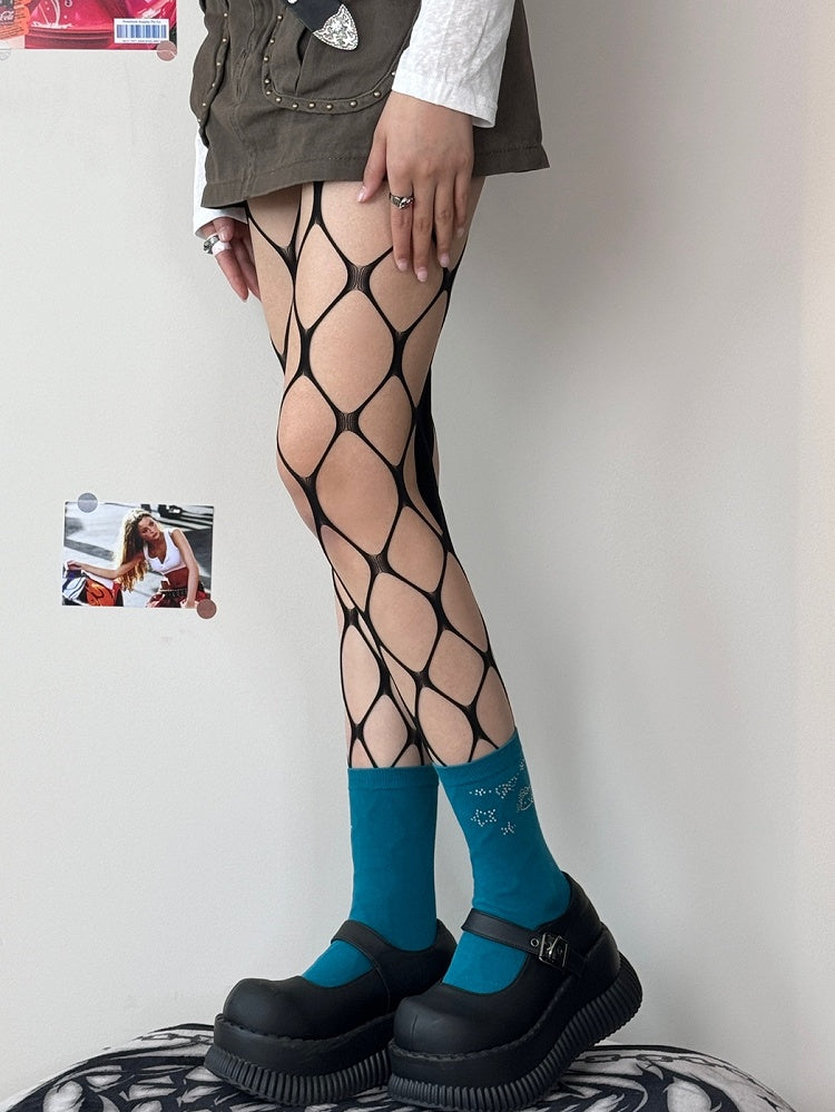 Black/Rose Red Y2K Cut-out Design Fishnet Tights