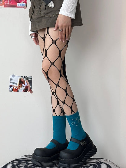 Black/Rose Red Y2K Cut-out Design Fishnet Tights