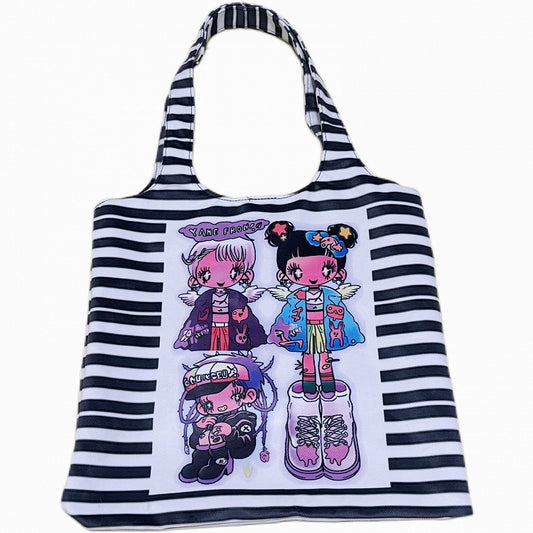 Black Y2K Striped Pattern Cartoon Print Canvas Shoulder Bag