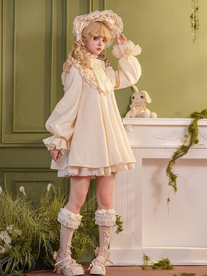 Beige Big Bow Ruffled High Neck Sweet Lolita Long Sleeves Cotton Dress