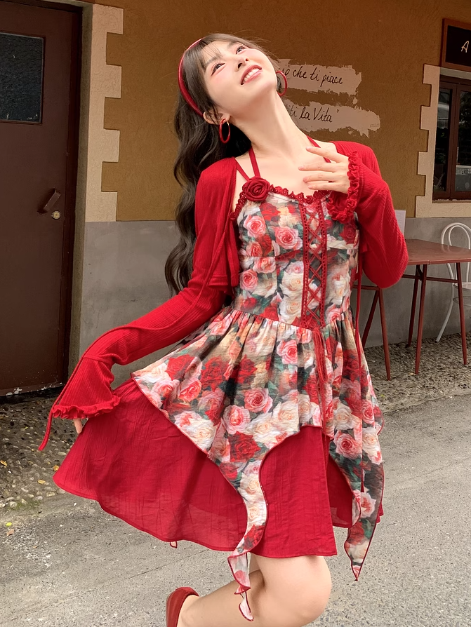 Red Rosette Print Cascading Ruffles Lace-up Front Cami Dress