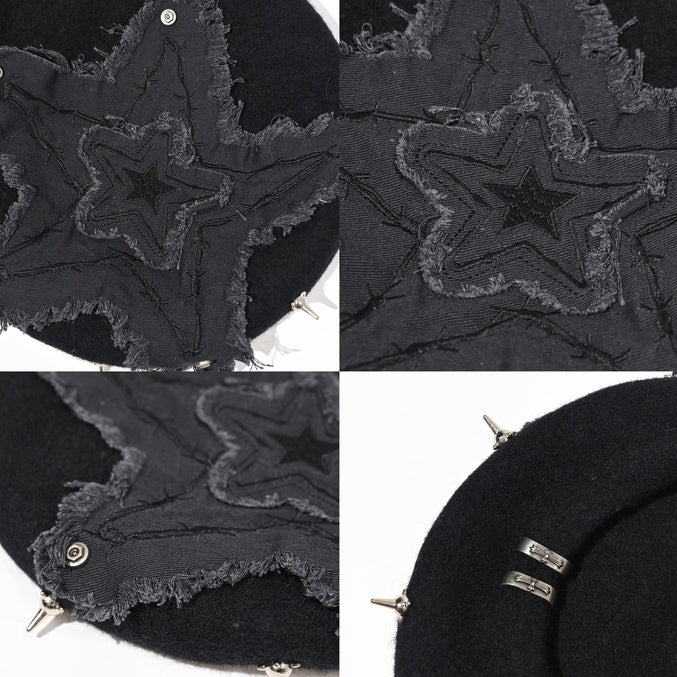 Black Punk Star Applique Stud Details Winter Beret