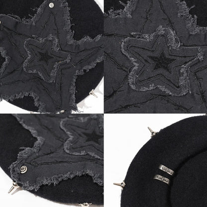 Black Punk Star Applique Stud Details Winter Beret
