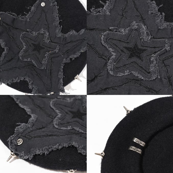 Black Punk Star Applique Stud Details Winter Beret
