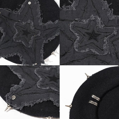 Black Punk Star Applique Stud Details Winter Beret