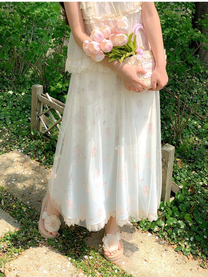 Beige Elastic Waist Cute Cartoon Print Skirt with Mesh Overlay