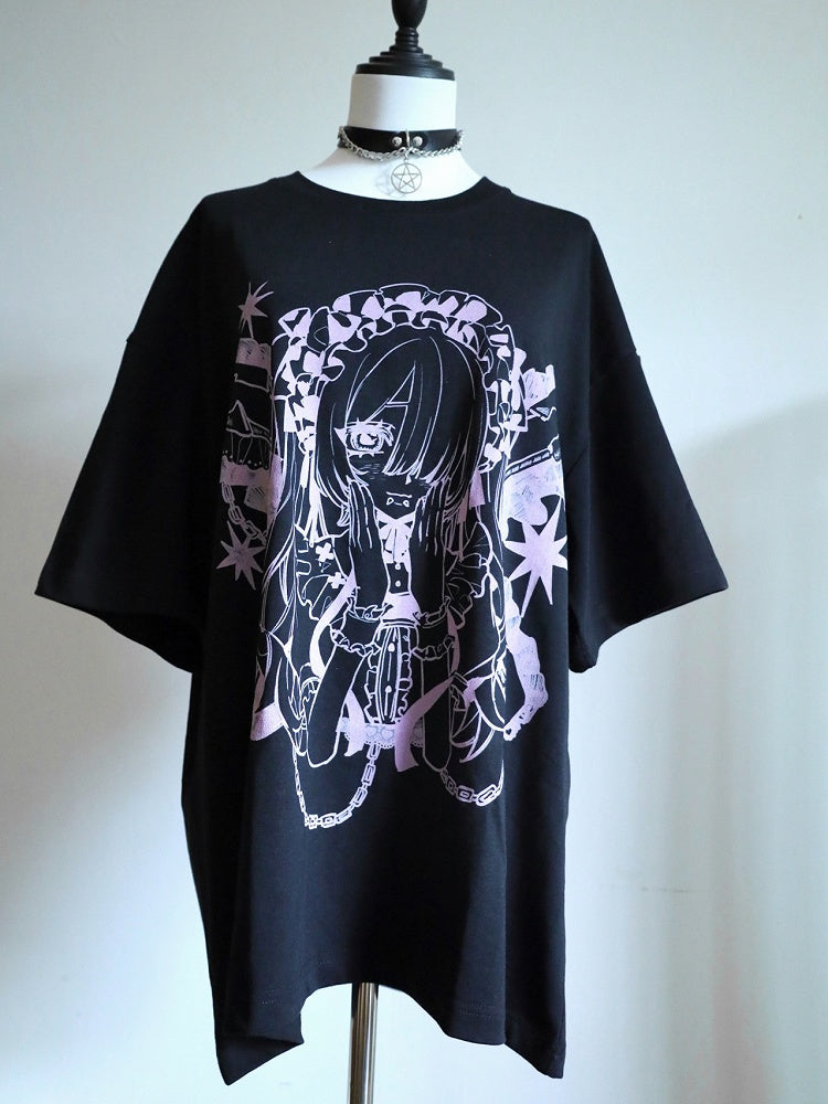 Black&Pink Jirai Kei Cartoon Girl Print Round Neck T-shirt