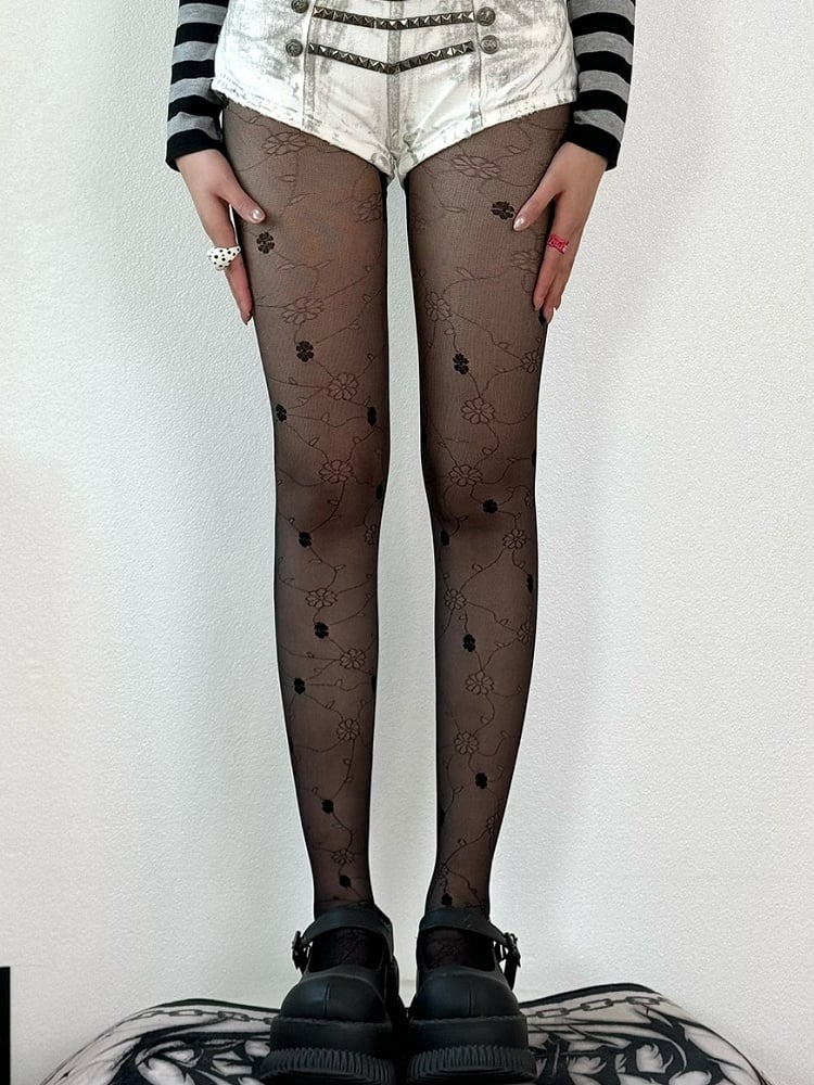 Green/Black/White Floral Pattern Tights