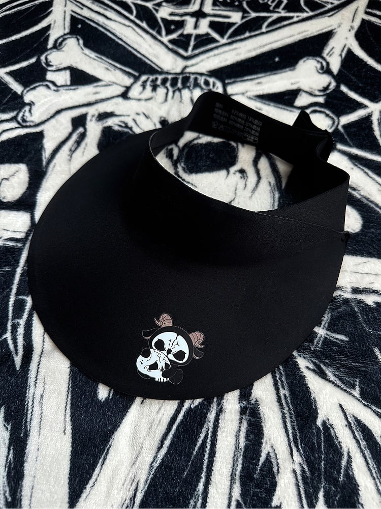 Black Gothic Sun Protection Hat With Black and White Grim Reaper Print