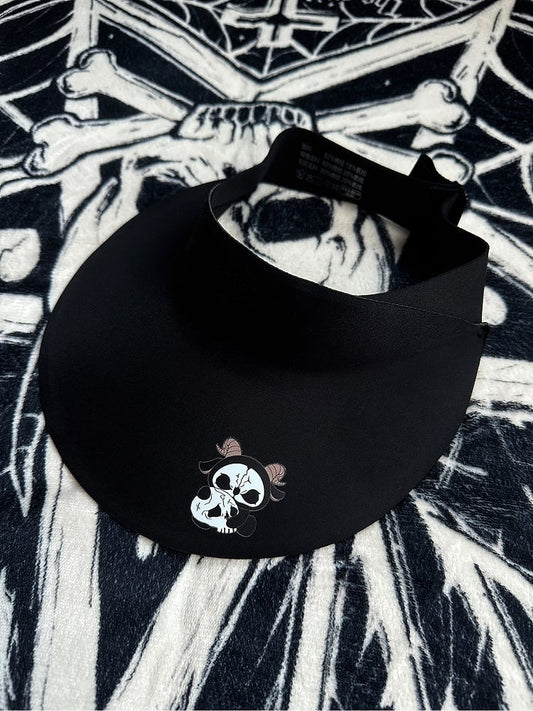 Black Gothic Sun Protection Hat With Black and White Grim Reaper Print
