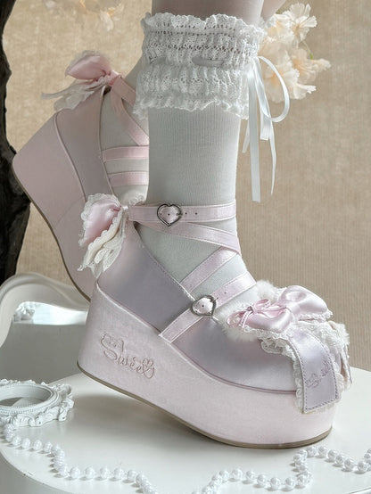 Platform Pink Mary Janes in Satin with Plush Teddy Ears, Bow Decor & Heart Buckles