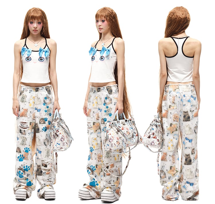 Allover Kitty Print White PU Crossbody Tote Bag Multiple Shoulder Straps