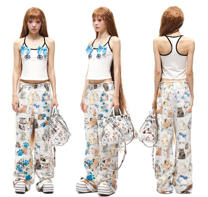 Allover Kitty Print White PU Crossbody Tote Bag Multiple Shoulder Straps