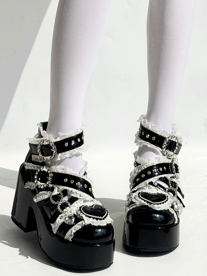 Jirai Kei Black Platform Shoes: Round Toe with High Block Heel & Lace and Rhinestone Embellished Cross Buckle Straps