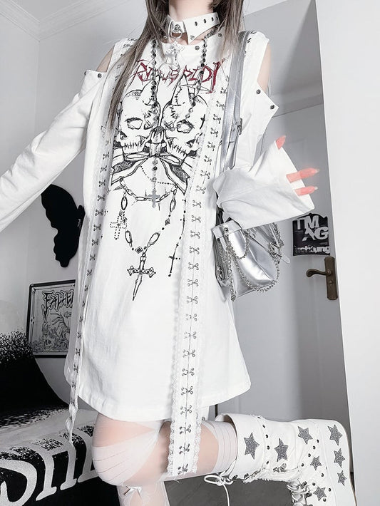 White Emo Punk Cutout Shoulder Skeleton And Letter Print Long Sleeves Top