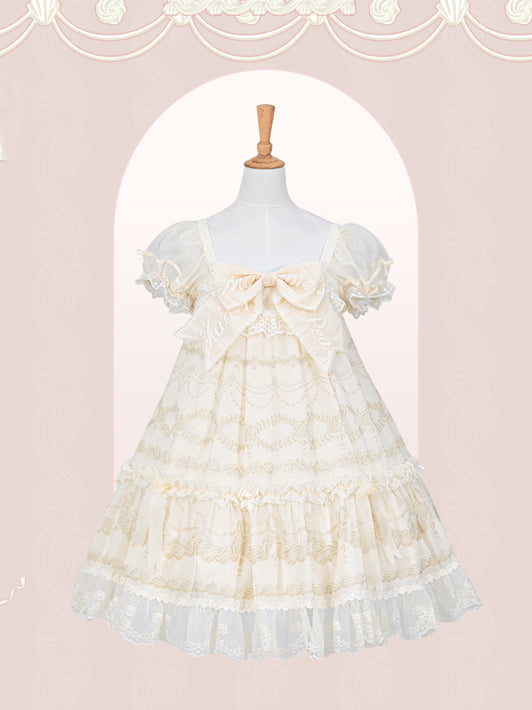 Embroidered Big Bow Neckline Cream Print Creamy White Puff Sleeves Lolita Dress