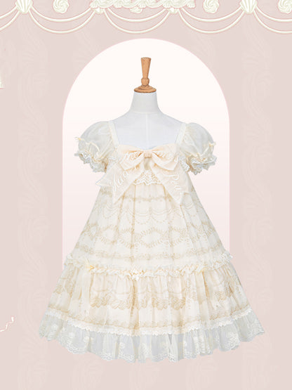Embroidered Big Bow Neckline Cream Print Creamy White Puff Sleeves Lolita Dress