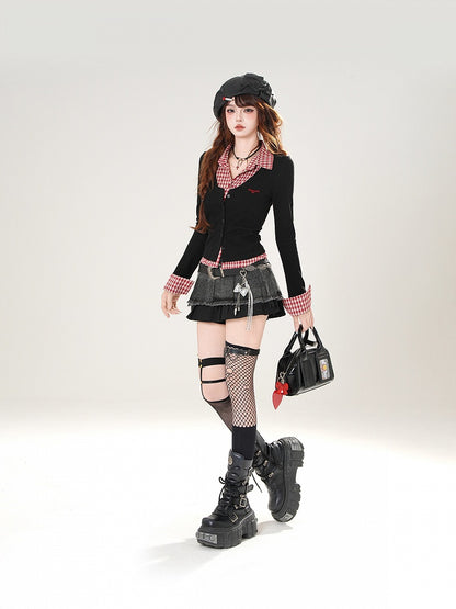 Red Plaid and Black Faux Two-pieces Slim-fitting Top