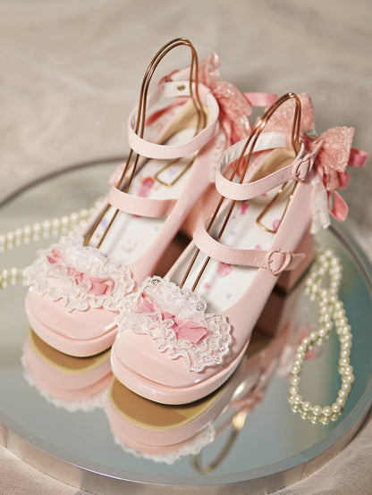 Pink Knotted Bow at Top Lace Trim Heart Buckles High Block Heels