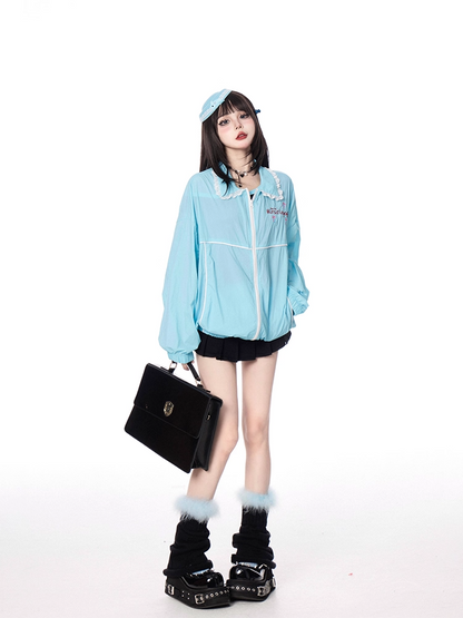 Blue Shirt Collar Elastic Cuffs and Hem Zip-up Jacket