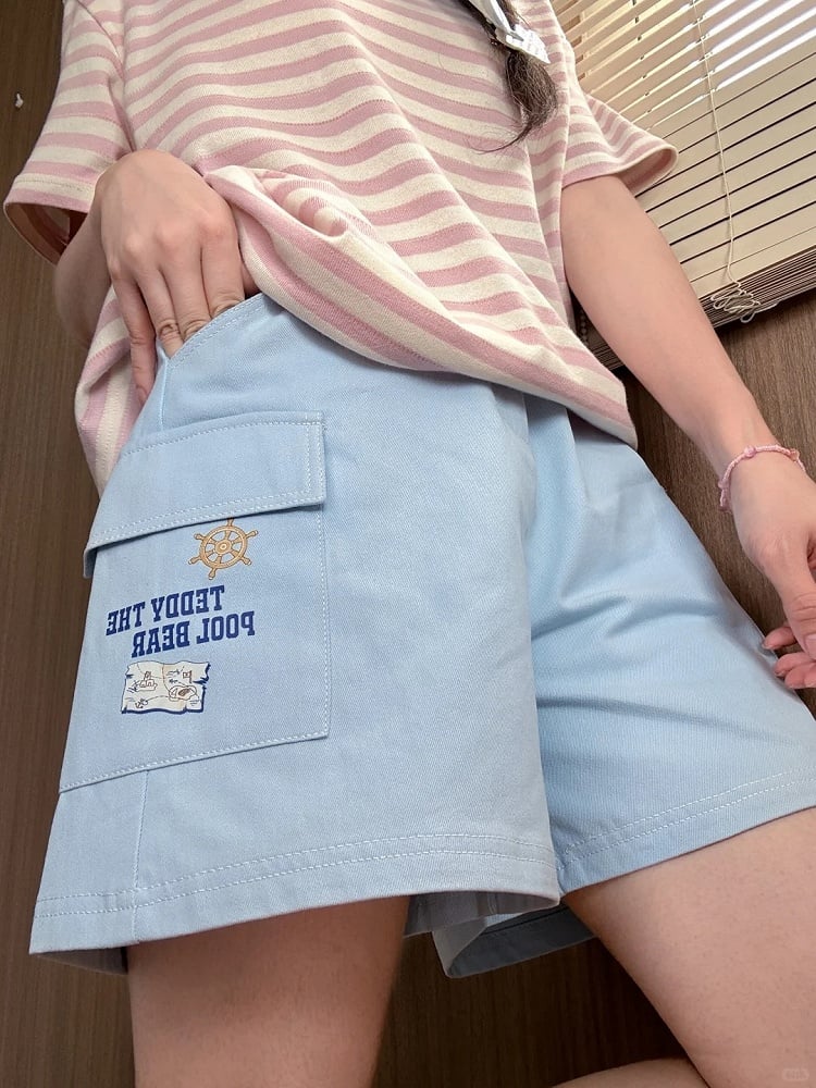 Blue High Waist Wide-leg Casual Shorts