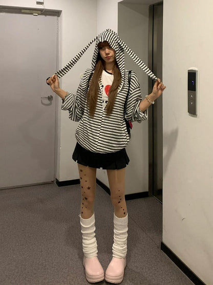Black & White Striped Bunny Ear Hoodie with Detachable Sleeves